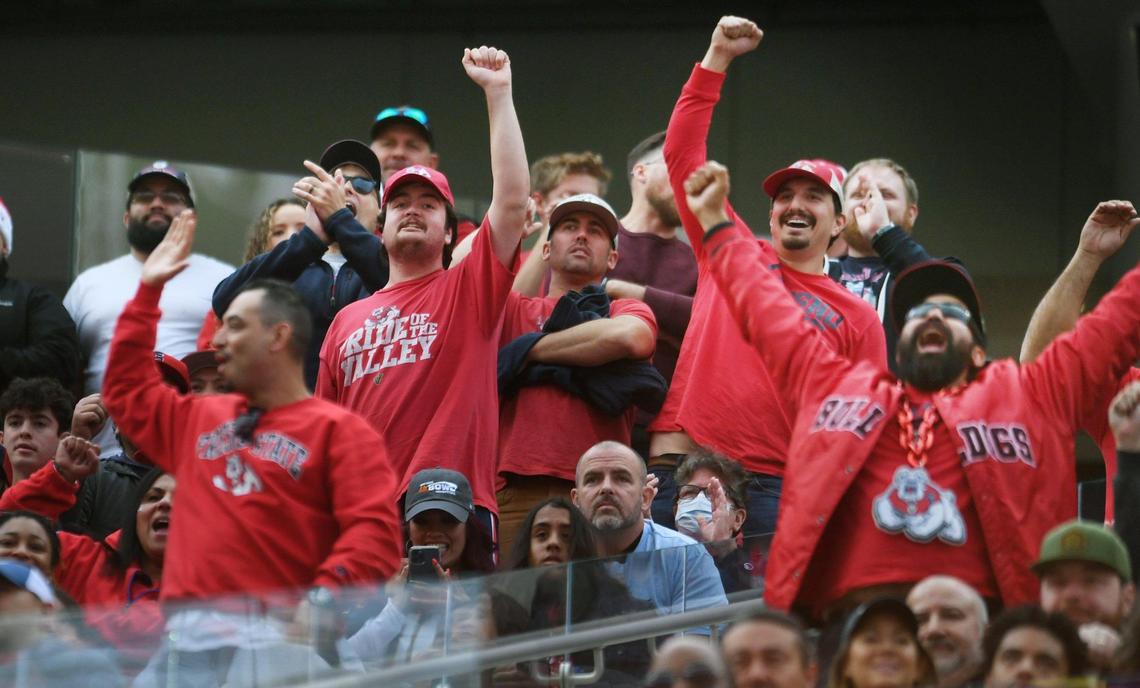 Fresno State fans celebrate a sack against Washington State at the Jimmy Kimmel LA Bowl Saturday, Dec. 17, 2022 in Inglewood, CA.