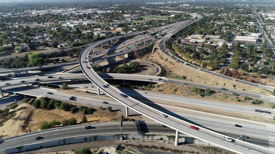 The Highway 41 and 180 interchange is seen in this 2018 drone aerial photo. Freeway construction was a focus of Measure C in years past. This November, the $7 billion measure is up for renewal, and the focus will be on fixing local roads.