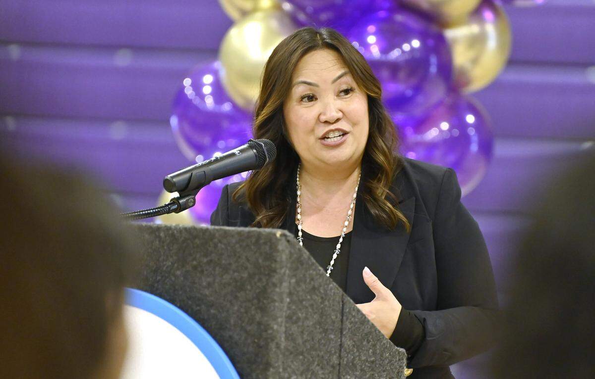 Fresno Unified superintendent Misty Her speaks during a ribbon-cutting ceremony for Fresno High's new auxiliary gym Thursday, Feb. 5, 2026 in Fresno.