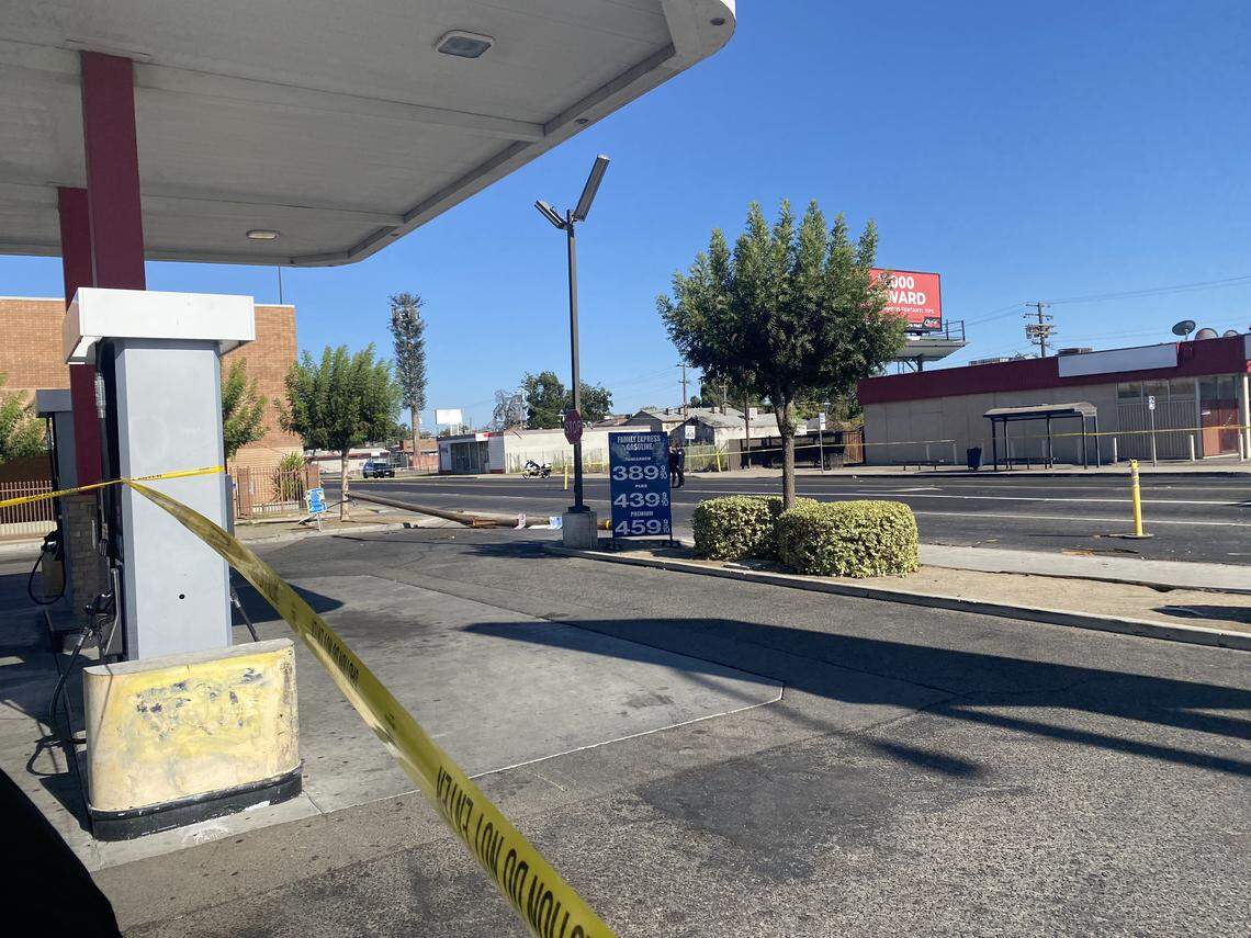 A power pole was sheered off when a suspected DUI driver struck it and a pedestrian on Sunday, Aug. 17, 2025. The pedestrian was killed, Fresno Police said.