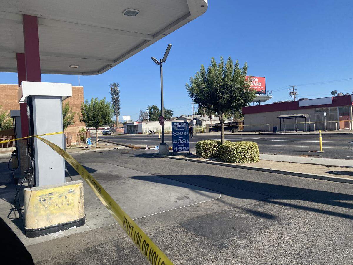 A power pole was sheered off when a suspected DUI driver struck it and a pedestrian on Sunday, Aug. 17, 2025. The pedestrian was killed, Fresno Police said.
