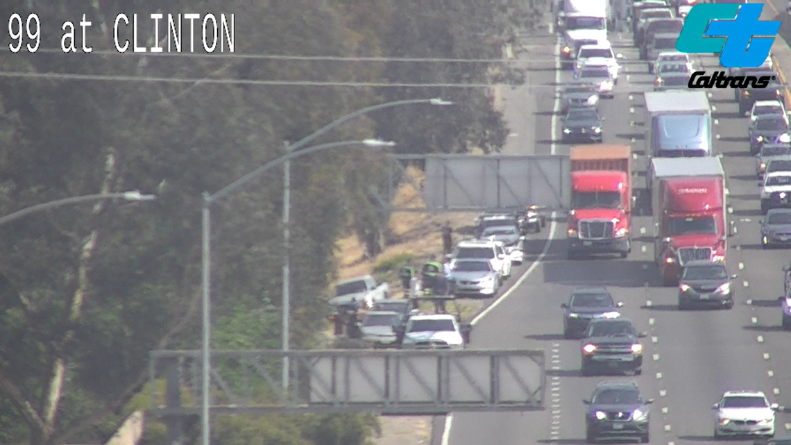 A collision on a Fresno, California highway disrupts traffic on Wednesday, April 27, 2022.