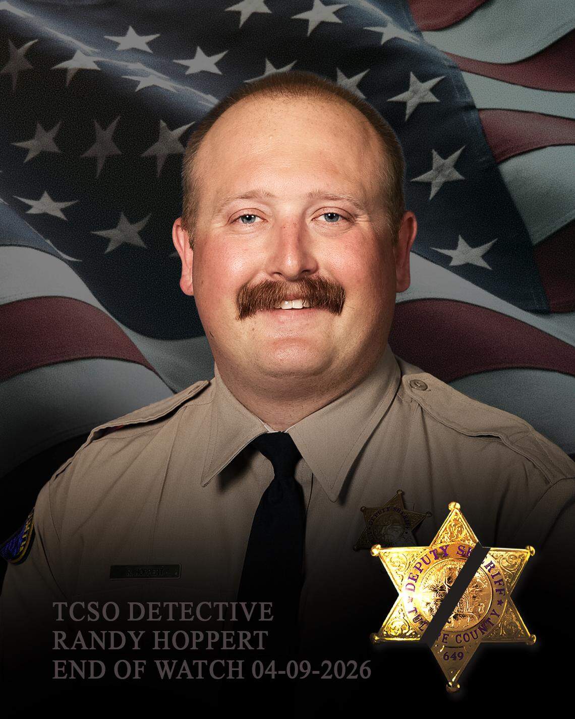 Randy Hoppert, a six-year-veteran of the Tulare County Sheriff’s Office, was shot and killed in the line of duty Thursday, April 9, 2026, in Porterville, California.