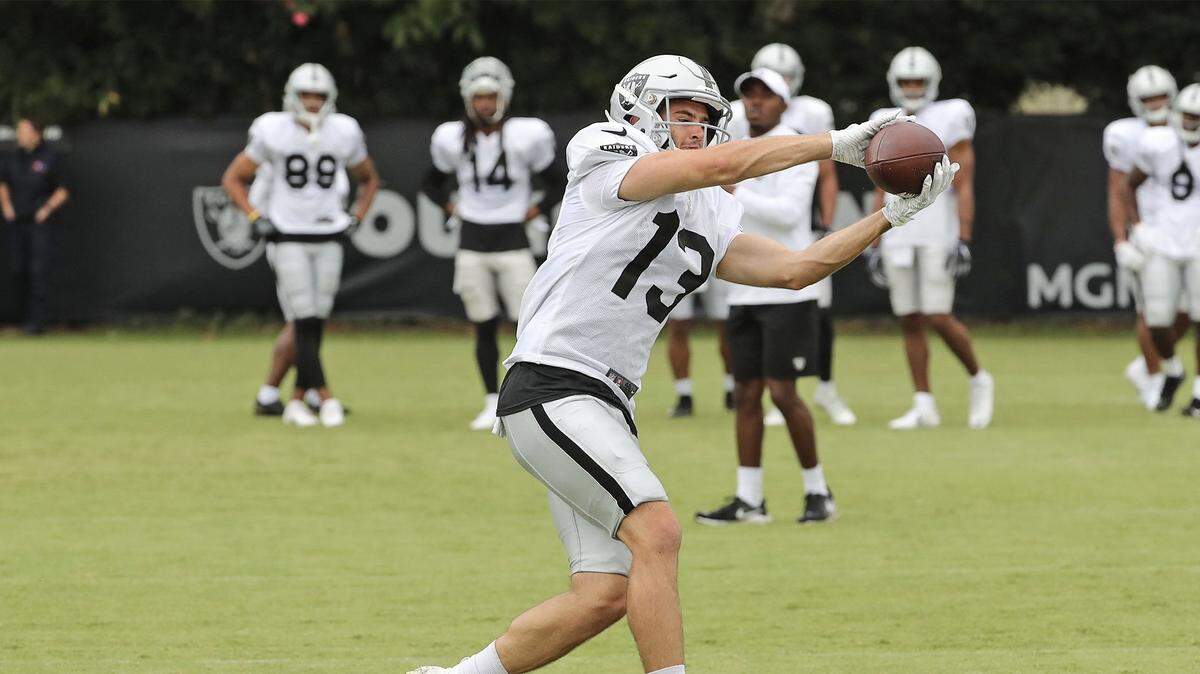 Oakland Raiders wide receiver Hunter Renfrow makes a catch in training camp on Tuesday, July 30, 2019 in Napa, California.