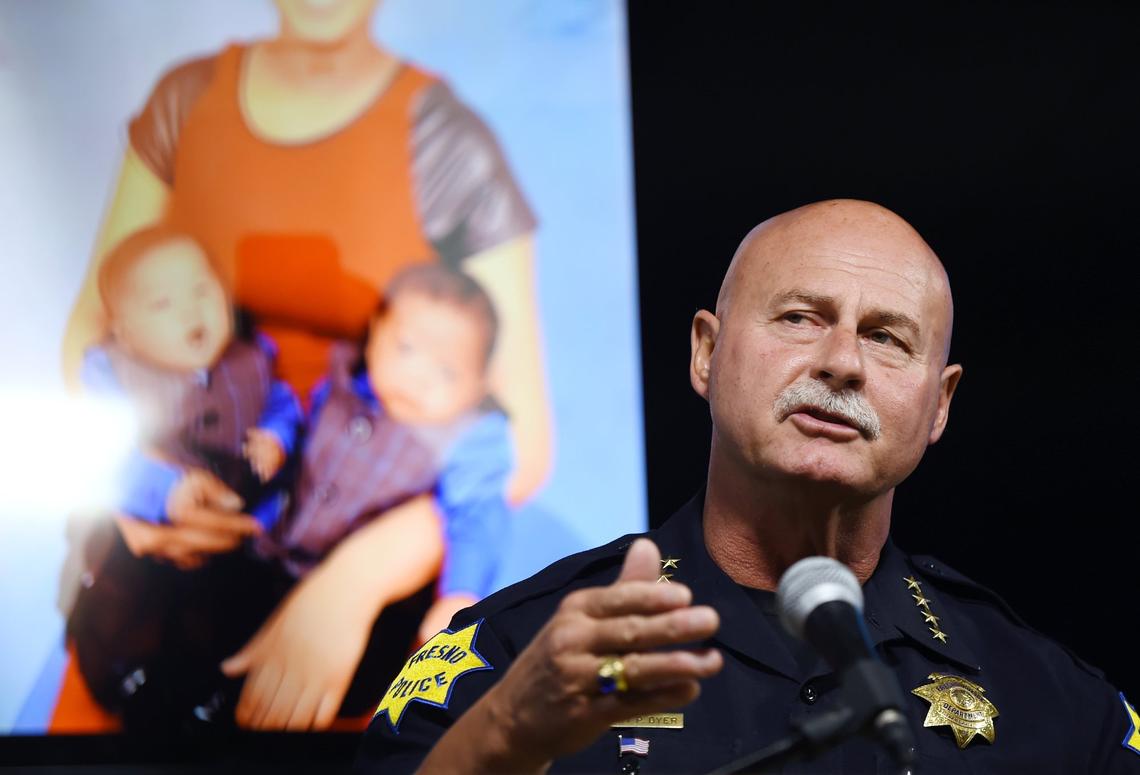 Fresno Chief of Police Jerry Dyer holds a press conference about the weekend’s shootings, with a photo of victims shown in the background Sunday afternoon, April 28, 2019 in Fresno.