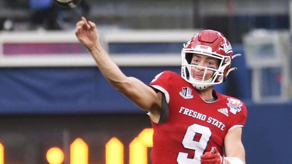 Fresno State quarterback Jake Haener throws a pass against Washington State at the Jimmy Kimmel LA Bowl Saturday, Dec. 17, 2022, in Inglewood, CA.
