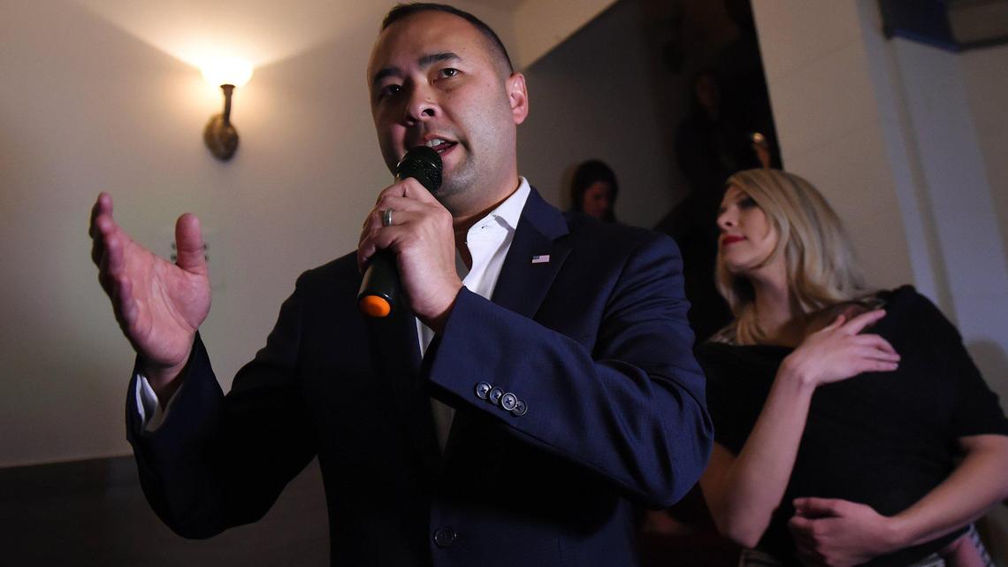 Andrew Janz with his wife, Heather, beside him appears at a post-election gathering in March 2020 when he was running for mayor of Fresno. He lost that bid to Jerry Dyer but was appointed city attorney on Tuesday, Nov. 15, 2022.