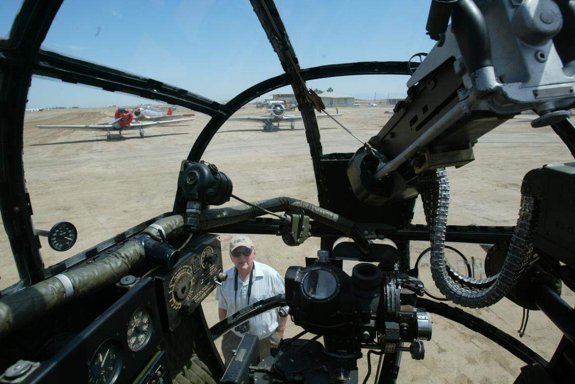 A 50-caliber machine gun and a navigator’s bomb site are housed in the nose of a B-25 Mitchell bomber that was part of a fly-in at Eagle Field in Dos Palos in June 2007.