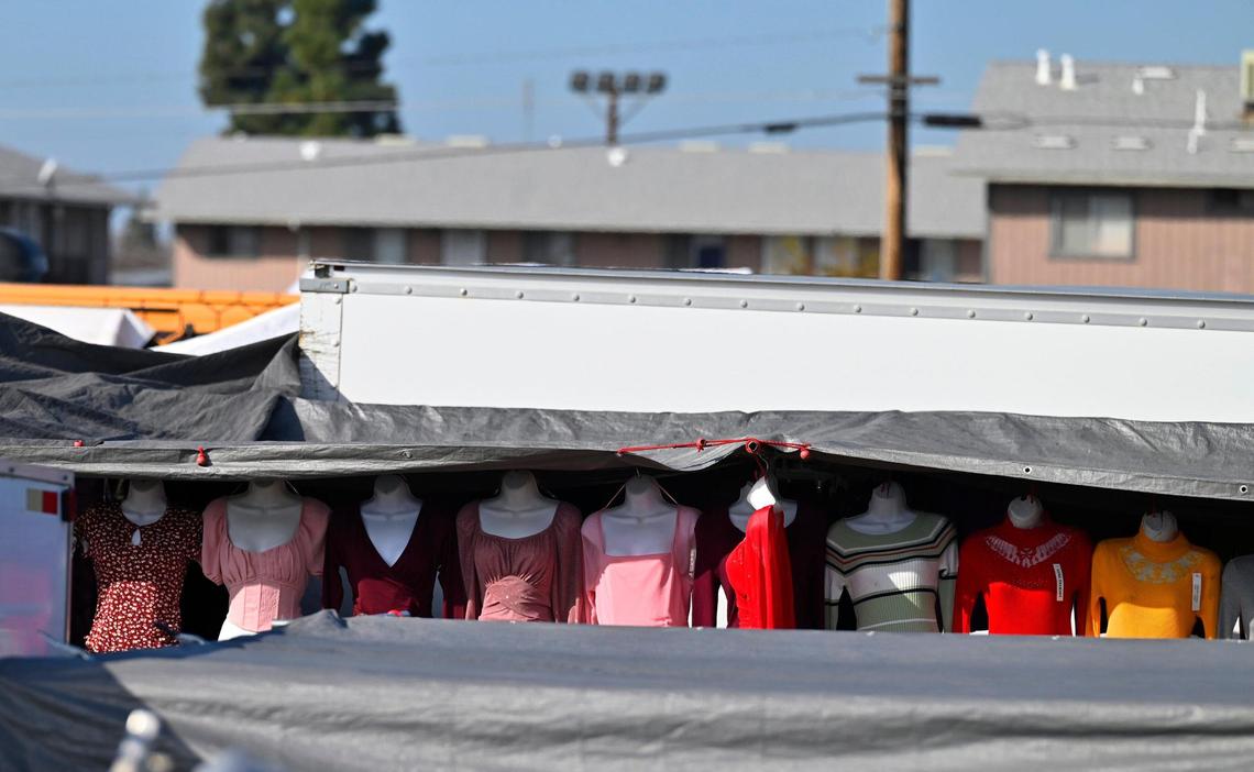 Women’s clothing is seen for sale at the Fresno Flea Market which offers 650 spaces for sellers, photographed Sunday Feb. 16, 2025 in Fresno.