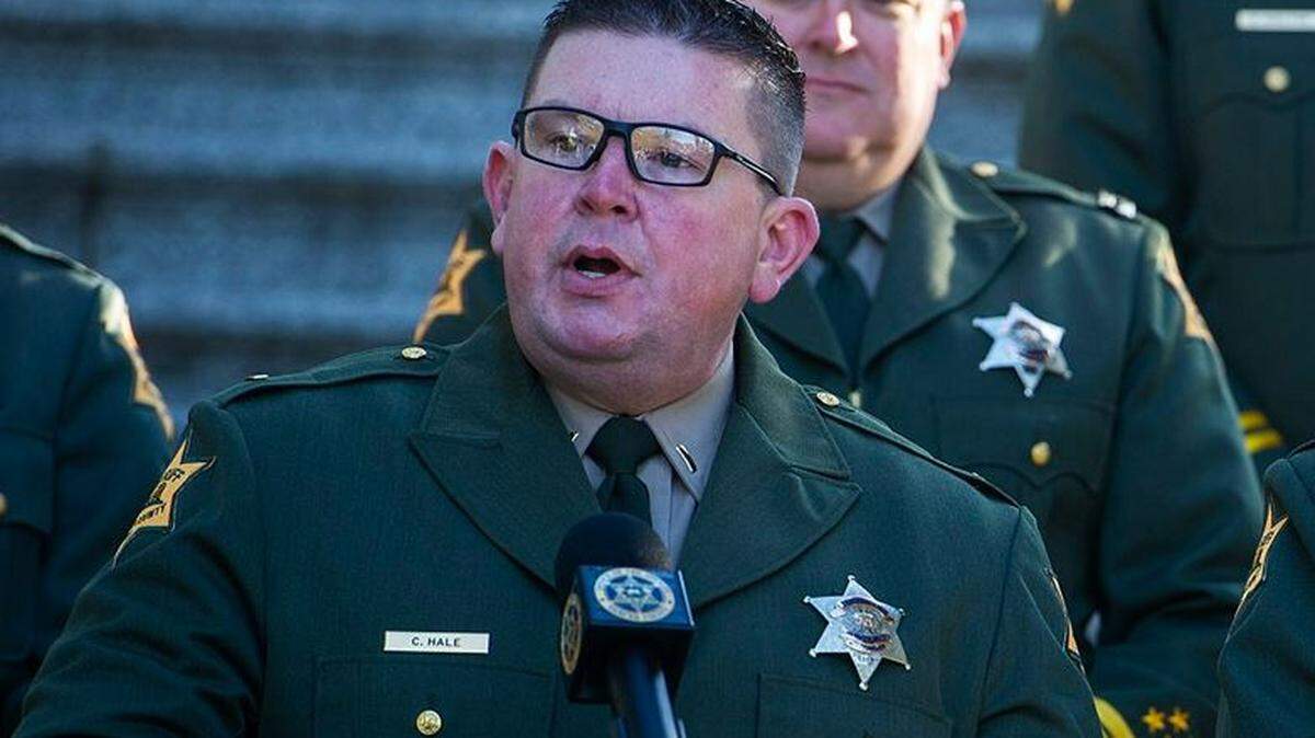 Chuck Hale is shown speaking during his promotion ceremony for the Merced County Sheriff’s Office.