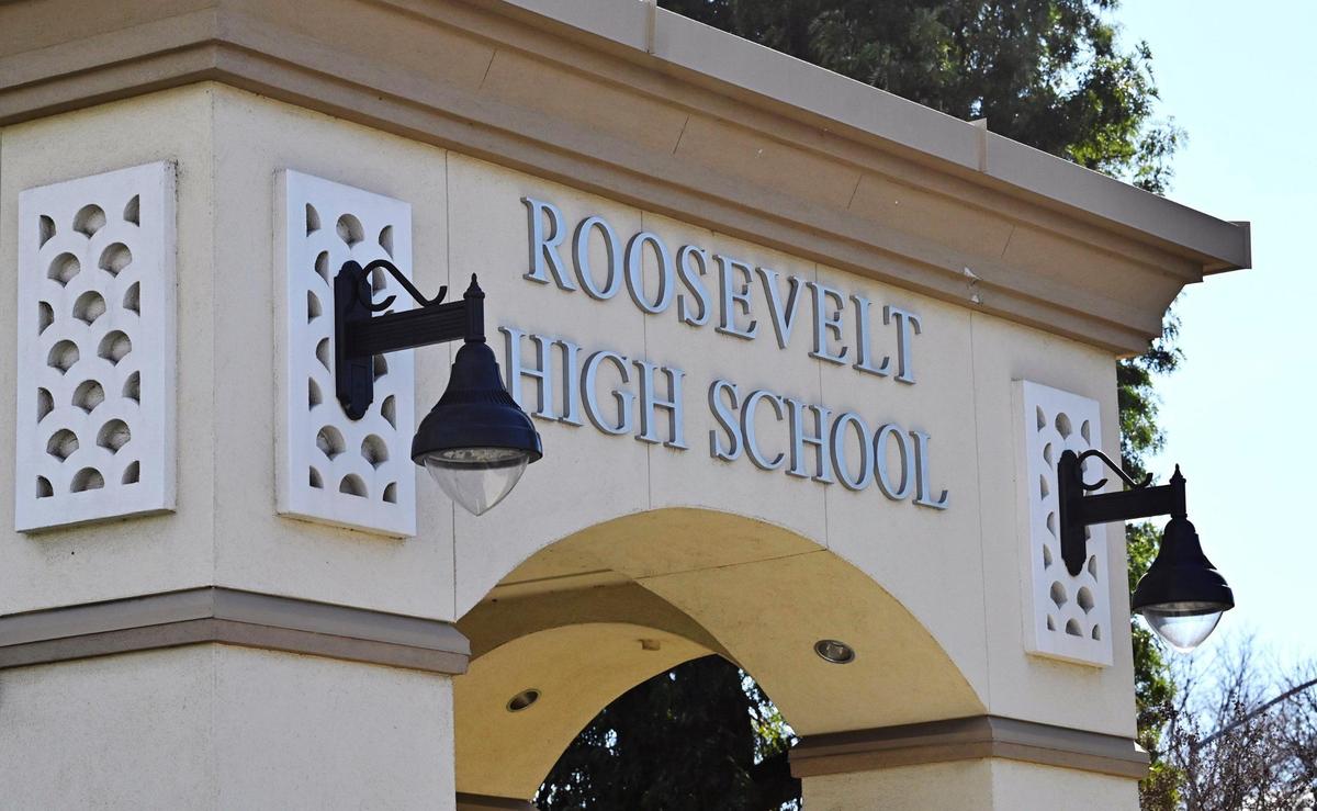 An entrance to Roosevelt High School is seen Friday, Feb. 7, 2025 in Fresno. A retired substitute teacher was recorded by studnts making racist and demeaning comments about Mexicans and undocumented immigrants while questioning students about their legal status during class.