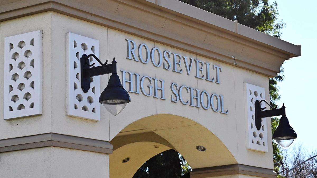 An entrance to Roosevelt High School is seen Friday, Feb. 7, 2025 in Fresno. A retired substitute teacher was recorded by studnts making racist and demeaning comments about Mexicans and undocumented immigrants while questioning students about their legal status during class.