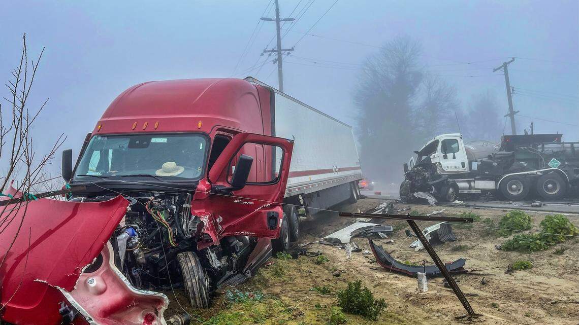Fog is blamed for four commercial trucks colliding on Highway 43, between Kingsburg and Laton in Fresno County on Friday, Jan. 16, 2026.