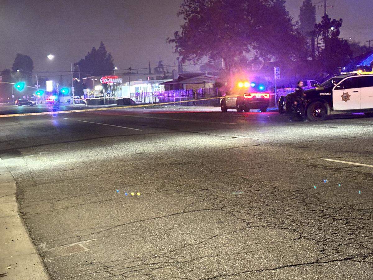 Police block off Clinton and West avenues after an officer-involved shooting in Fresno, California on Sunday, Dec. 7, 2025.