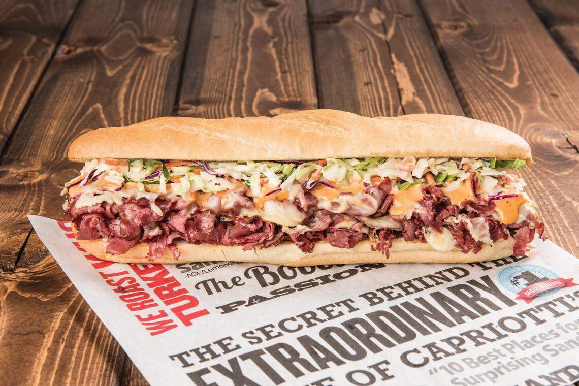 The “Capastrami” sandwich at Capriotti’s Sandwich Shop features hot pastrami, Swiss cheese, Russian dressing and coleslaw. The restaurant’s newest location is slated to open this month at Willow and Shepherd avenues in Fresno.