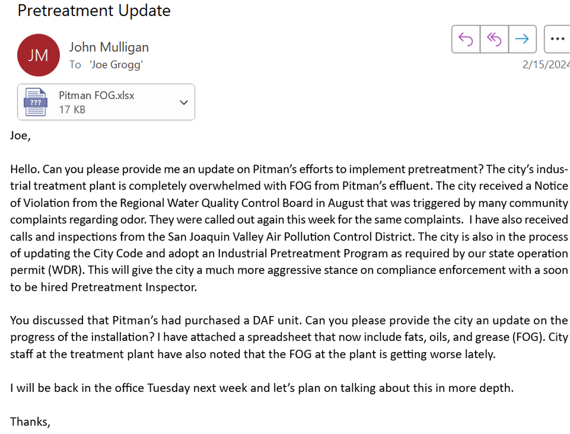 Screenshot of email sent from former Sanger public works director to contact at Pitman Farms. The Bee obtained emails between the company and the city via California Public Records Act request.