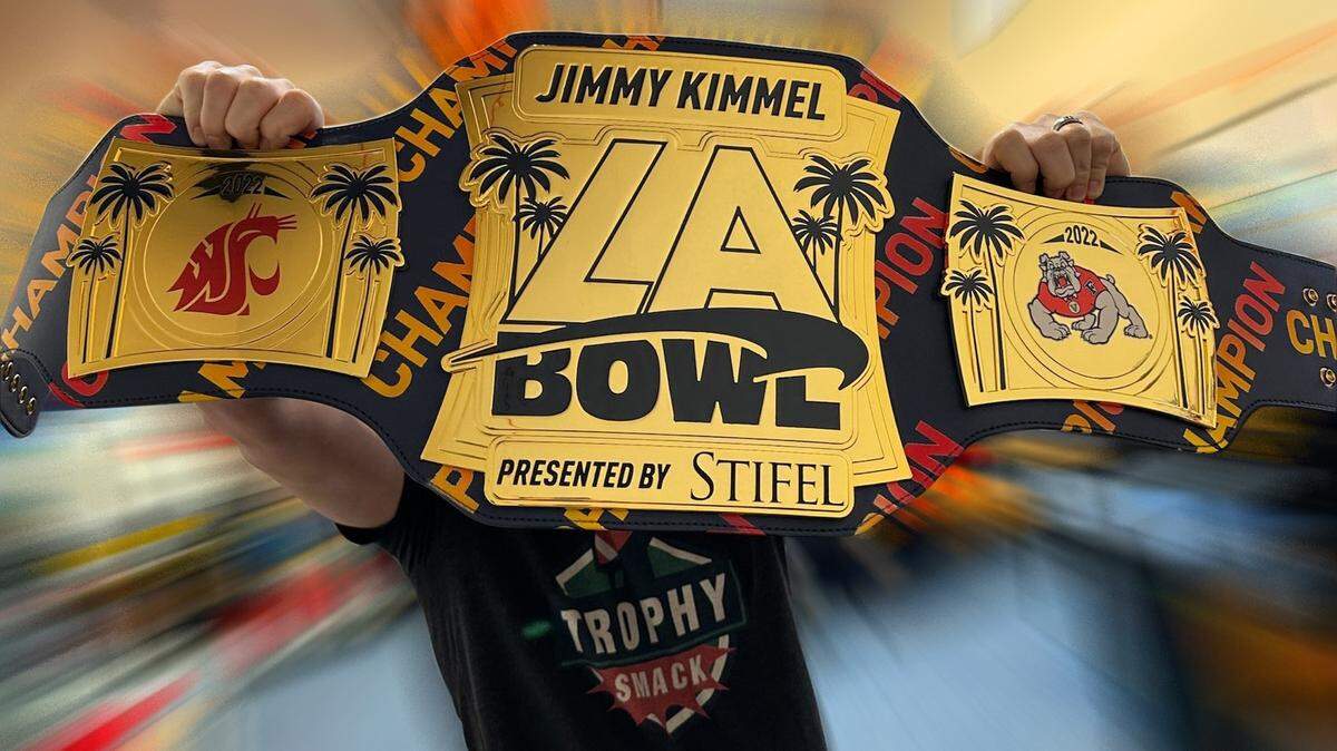 The championship belt for the Jimmy Kimmel LA Bowl was created by the e-commcerce company TrophySmack.