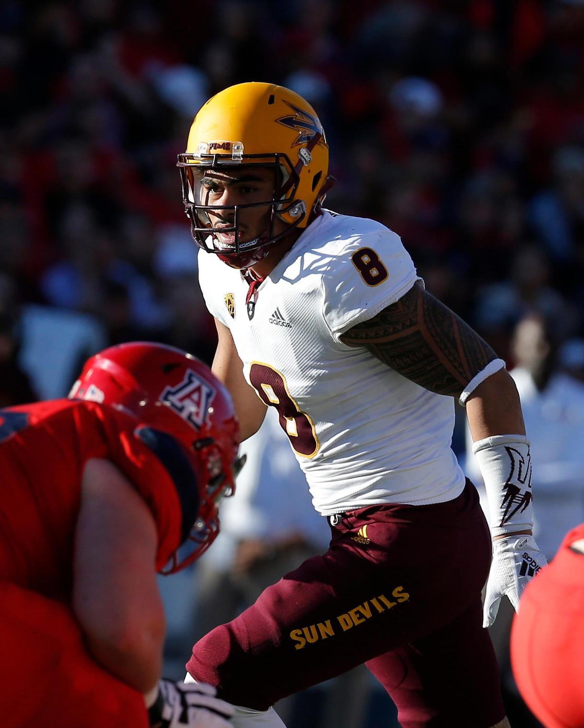 Arizona State linebacker Merlin Robertson (8) in the second half during an NCAA college football game against Arizona, Saturday, Nov. 24, 2018, in Tucson, Ariz. Arizona State defeated Arizona 41-40 to claim the Territorial Cup. (AP Photo/Rick Scuteri)