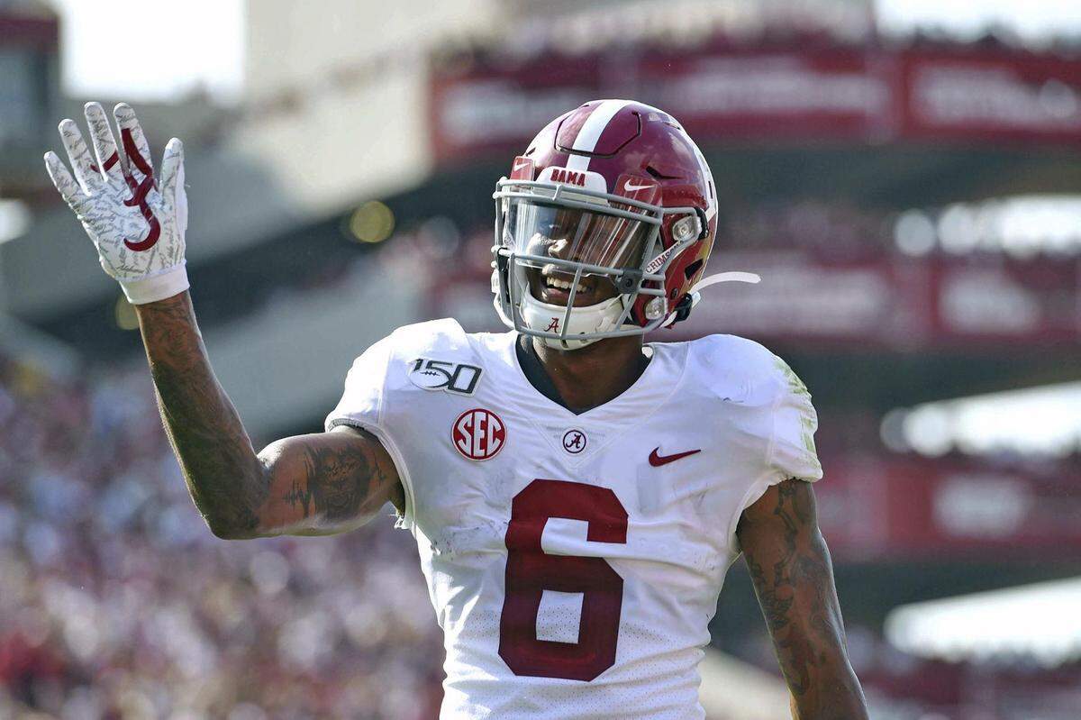 Former Alabama wide receiver DeVonta Smith reacts after scoring a touchdown during the first half of an NCAA college football game against South Carolina Sept. 14 in Columbia, S.C. Smith was named The Associated Press college football player of the year, becoming the first wide receiver to win the award since it was established in 1998.