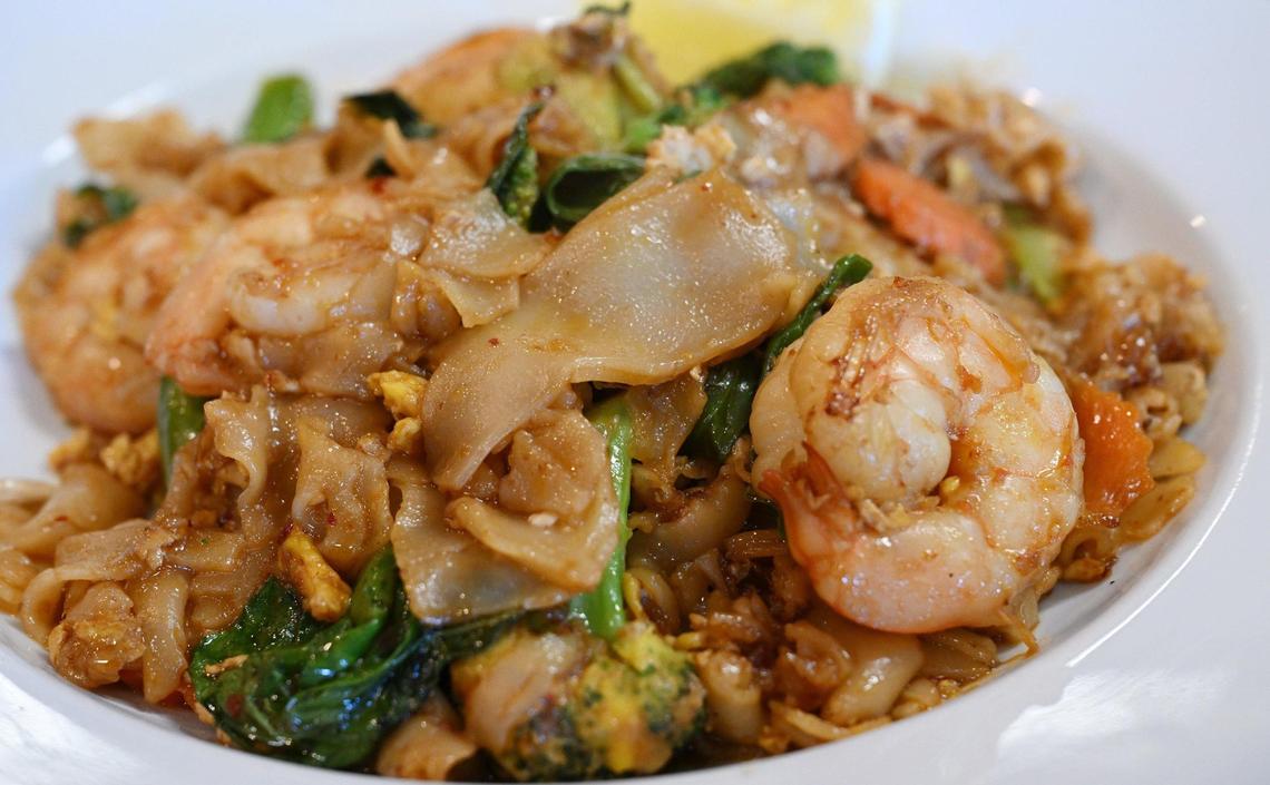 Pad Kee Mao (Drunken Noodles) with shrimp is seen at B&K Asian Kitchen on First Street Wednesday, July 9, 2025 in Fresno. The owners of the Lao and Thai restaurant are stepping down after being in business since 1989.