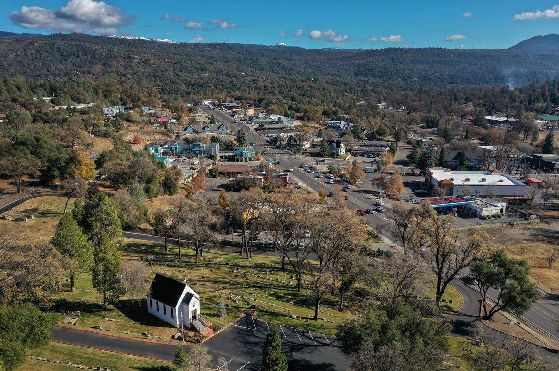 The Sierra town of Oakhurst is seen in this drone image made Dec. 9, 2019 overlooking the Little Church on the Hill, lower left, and Highway 41 as it heads north into the mountains toward the south entrance to Yosemite National Park.