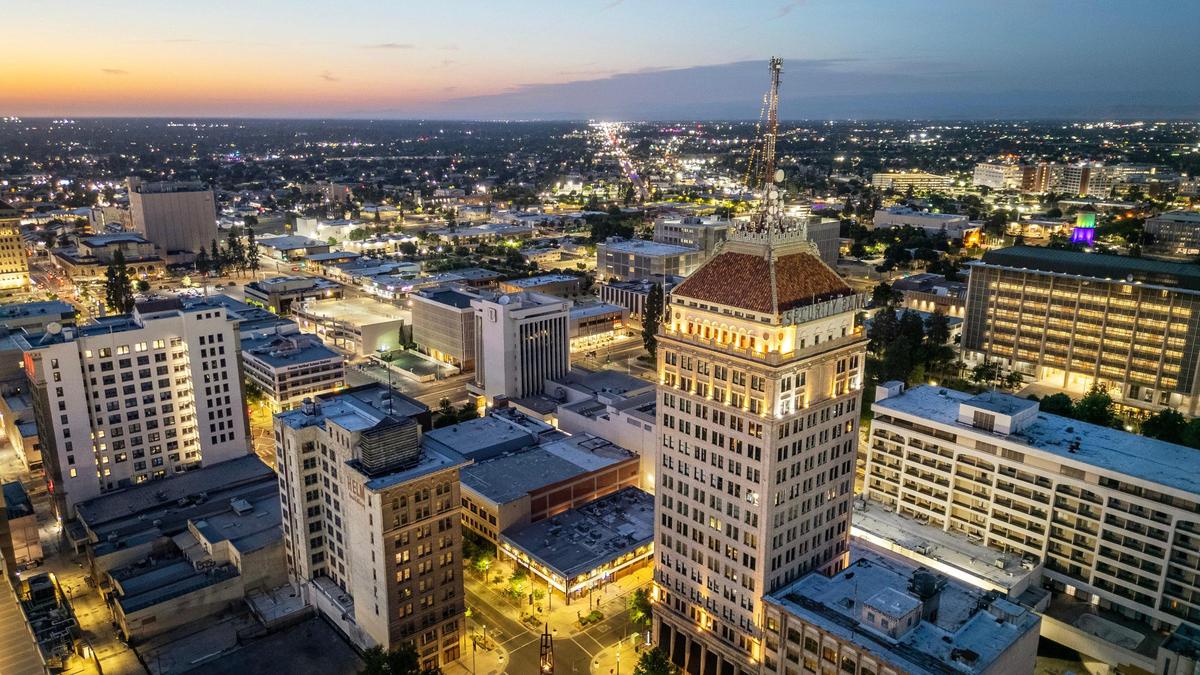 The sun sets over downtown Fresno skyline viewed from a drone camera on Tuesday, June 10. 2025. Fresno would be the biggest city in a new state a Republican Assembly member wants to create.