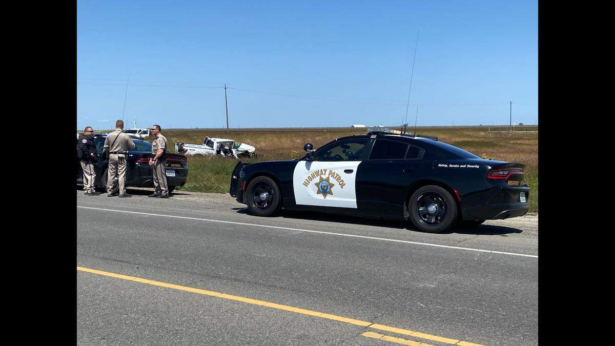 Officers investigate a fatal crash near Manning Avenue and James Road on Wednesday, April 19, 2023, according to the California Highway Patrol.
