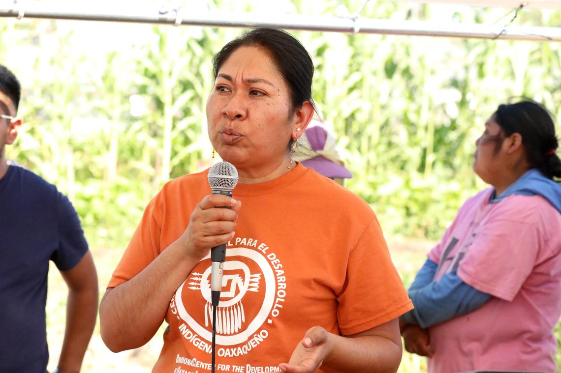 Oralia Maceda Méndez, with Binational Center for the Development of Oaxacan Indigenous Communities, during a press conference in July 17 to address how high temperatures affect farmworkers and the challenges they face while working under extreme temperatures.