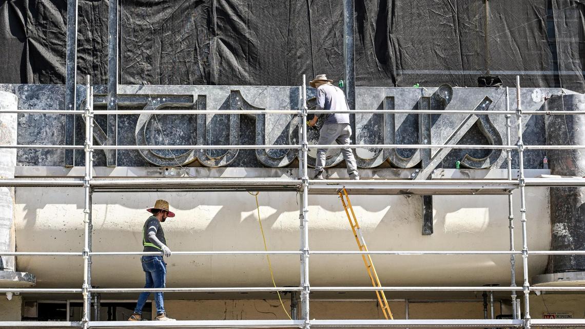 Scaffolding covers the front of the Hardy’s Theater building in downtown Fresno where work continues on the remodeling of the historic theater’s facade and sign on Tuesday, Sept. 19, 2023.