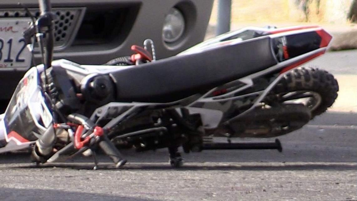 A juvenile was injured after he was struck by a vehicle while riding on a minibike in Fresno, California on Sunday, Sept. 3, 2023.