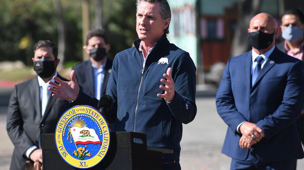 Gov. Gavin Newsom visited the Fresno Fairgrounds on Feb. 10, 2021. He is expected to sign a law giving a tax break to businesses that received Paycheck Protection Program loans from the federal government.