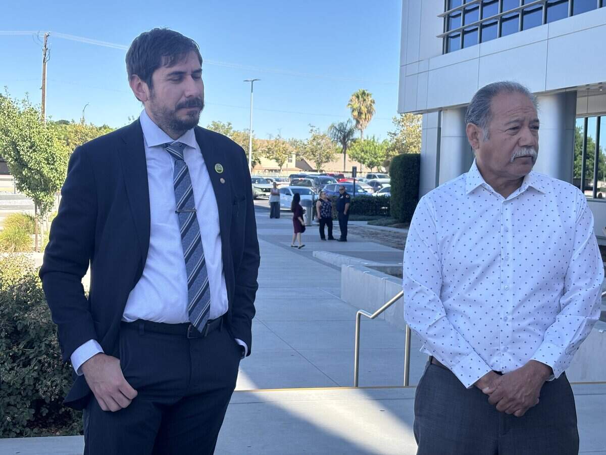 City Manager Antony Lopez and Mayor Alvaro Preciado talk outside the Kings County courthouse in Hanford on Monday, June 29, 2026, after a judge continued the civil injunction case against the city until next month.