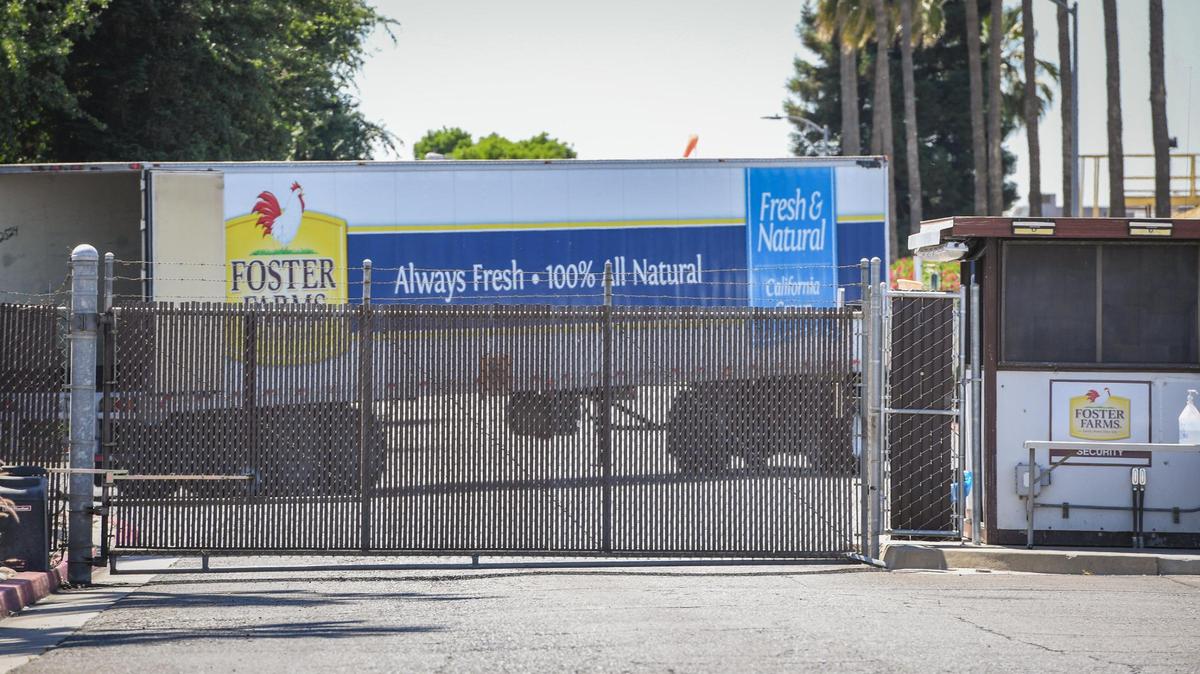A truck pulls around the main building outside the gate at the Foster Farms Cherry Avenue facility in Fresno on Wednesday, May 26, 2021.
