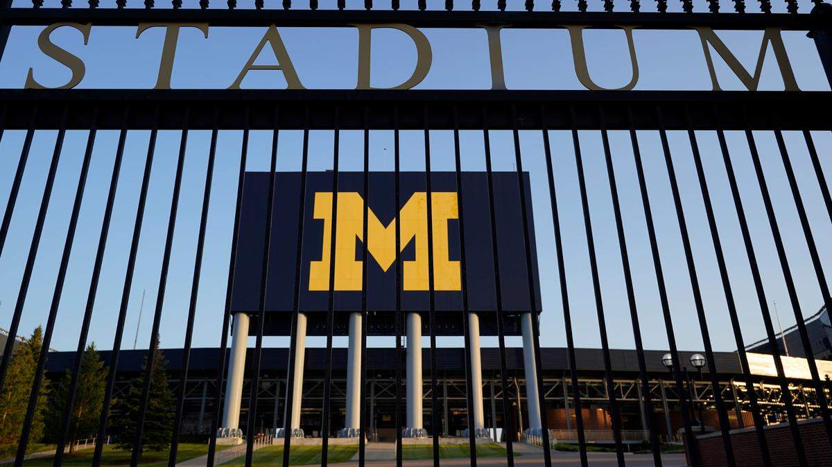 FILE - This Aug. 13, 2020 file photo shows the University of Michigan football stadium in Ann Arbor, Mich.