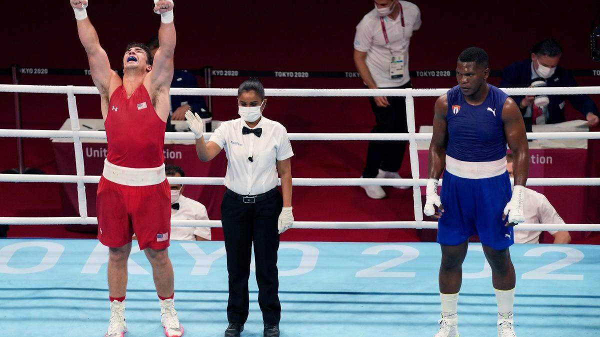 Richard Torrez Jr., from the United States, left, and Cuba’s Dainier Pero after their men’s super heavyweight (over 91 kg) boxing match at the 2020 Summer Olympics, Sunday, Aug. 1, 2021, in Tokyo, Japan.