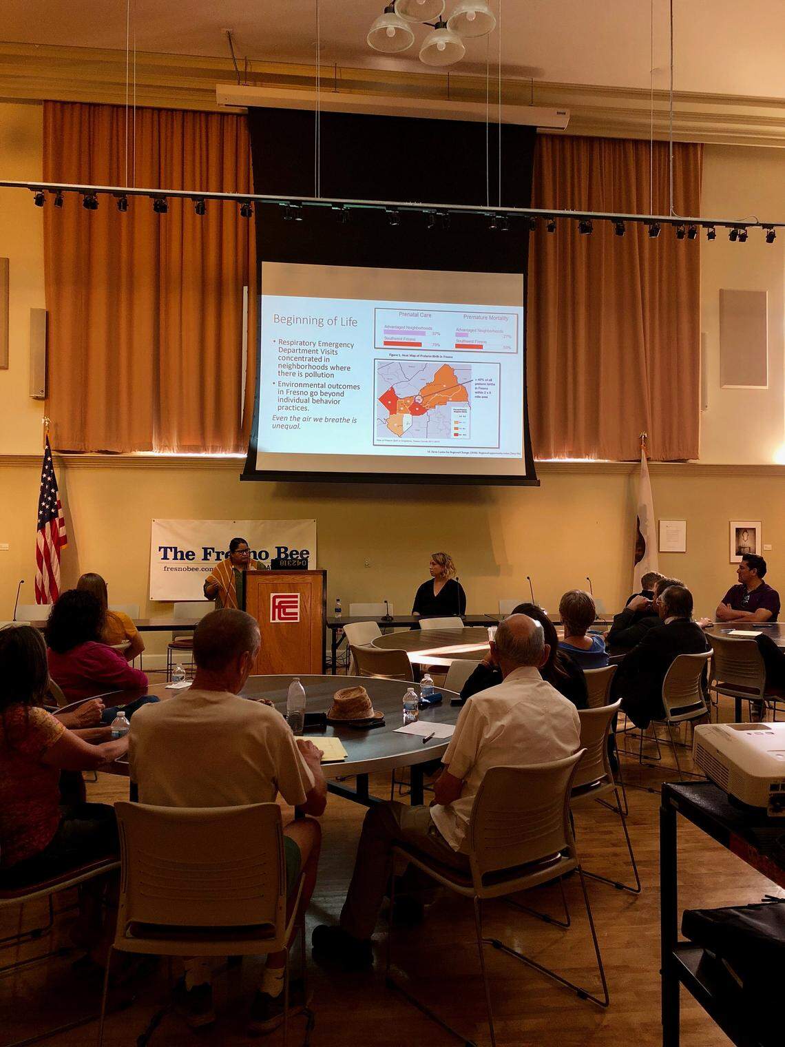 Tania Pacheco-Werner, a research scientist at Fresno State’s Central Valley Health Policy Institute, shares with an audience at Fresno City College the health effects of Fresno’s divide during a forum hosted by The Fresno Bee.