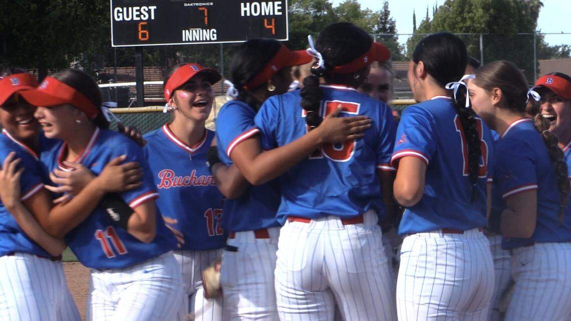 Buchanan High celebrates a 6-4 victory over Central in a Central Section Division I semifinal game on Thursday, May 22, 2025.