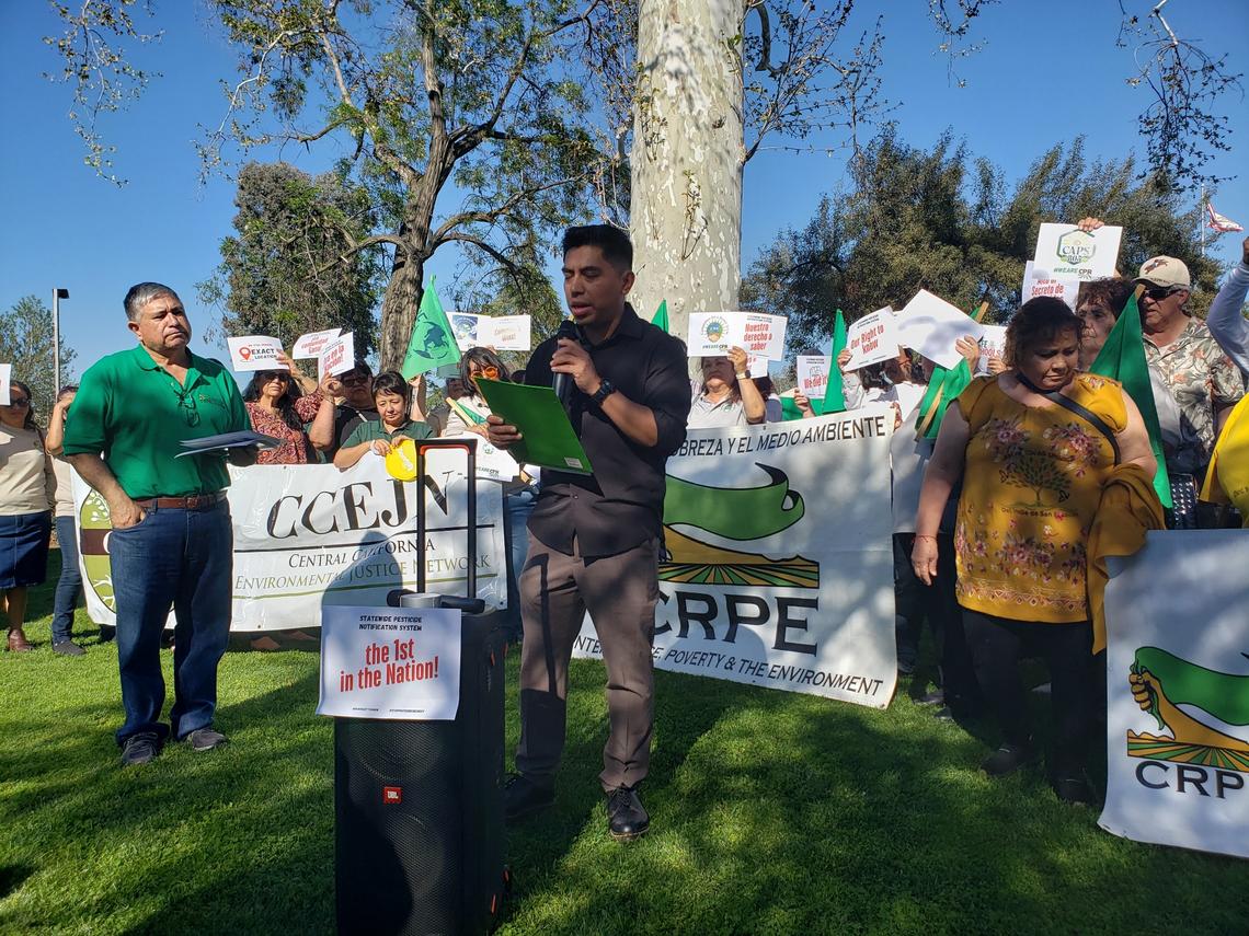 Angel Garcia, co-director of Californians for Pesticide Reform during a press conference about the new online pesticide notification system on March 24 in Shafter, CA.