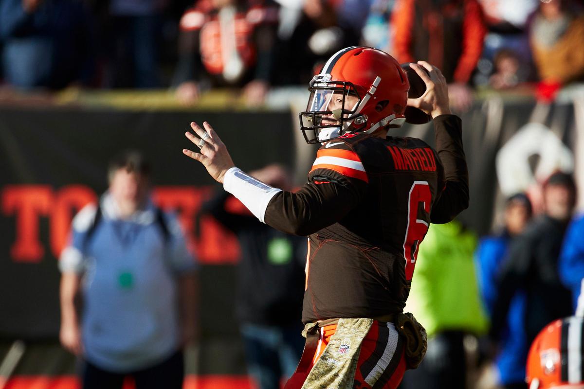Cleveland Browns quarterback Baker Mayfield (6) throws a pass against the Atlanta Falcons during a 28-16 victory in Cleveland, Sunday, Nov. 11, 2018. Mayfield completed 17 of 20 passes for 216 yards and three touchdowns.