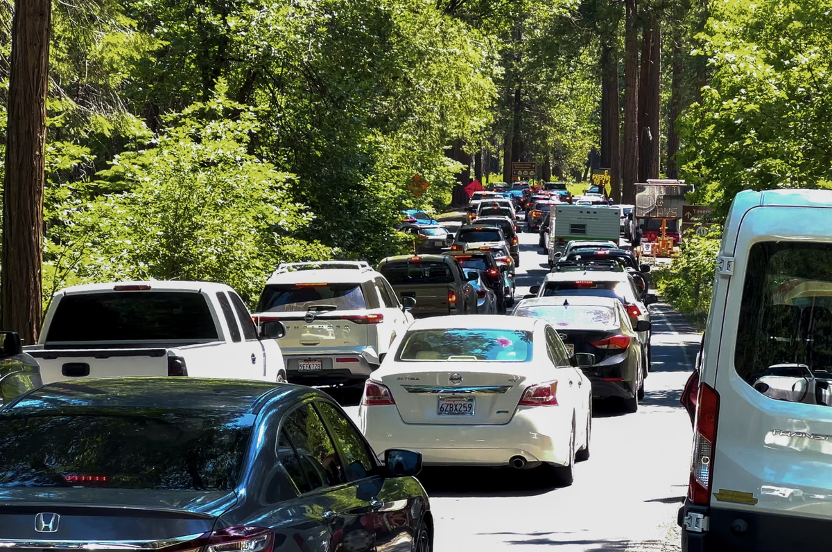 This photo, posted by the National Park Service, shows cars lined up to get into Yosemite over July 4th weekend in 2023.