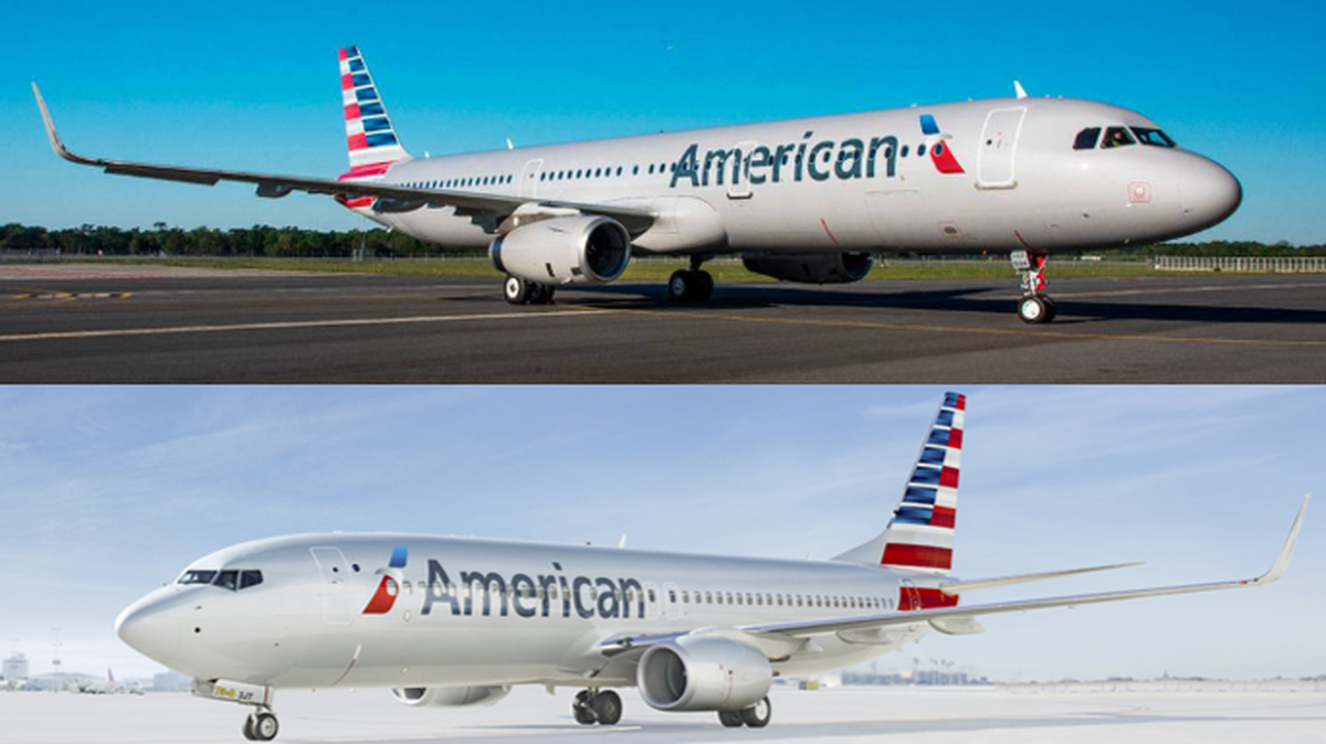 A 190-seat American Airlines Airbus A321 airliner, top, and an artist’s rendering of one of the company’s 172-seat Boeing 737-800 jets.