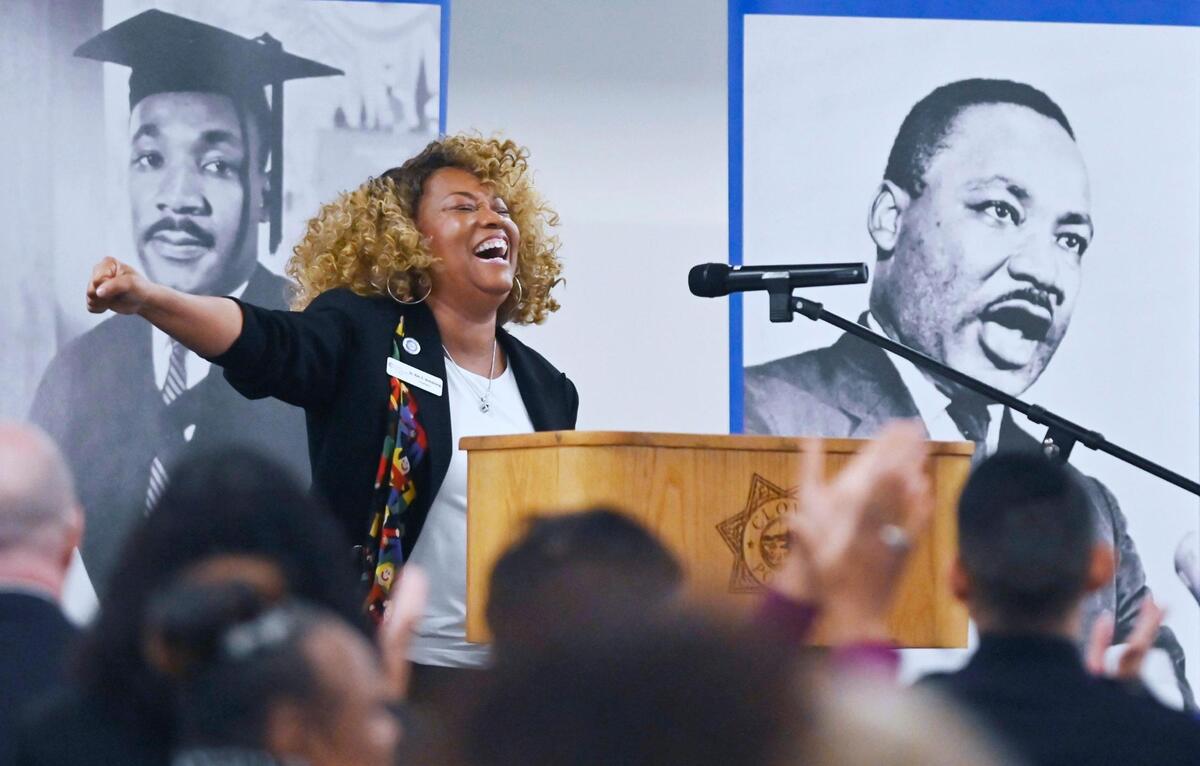 Keynote speaker Dr. Kim E. Armstrong, seen at the Clovis Police Department’s Community Breakfast celebrating Martin Luther King Jr. Day Saturday morning, Jan. 13, 2024 in Clovis.