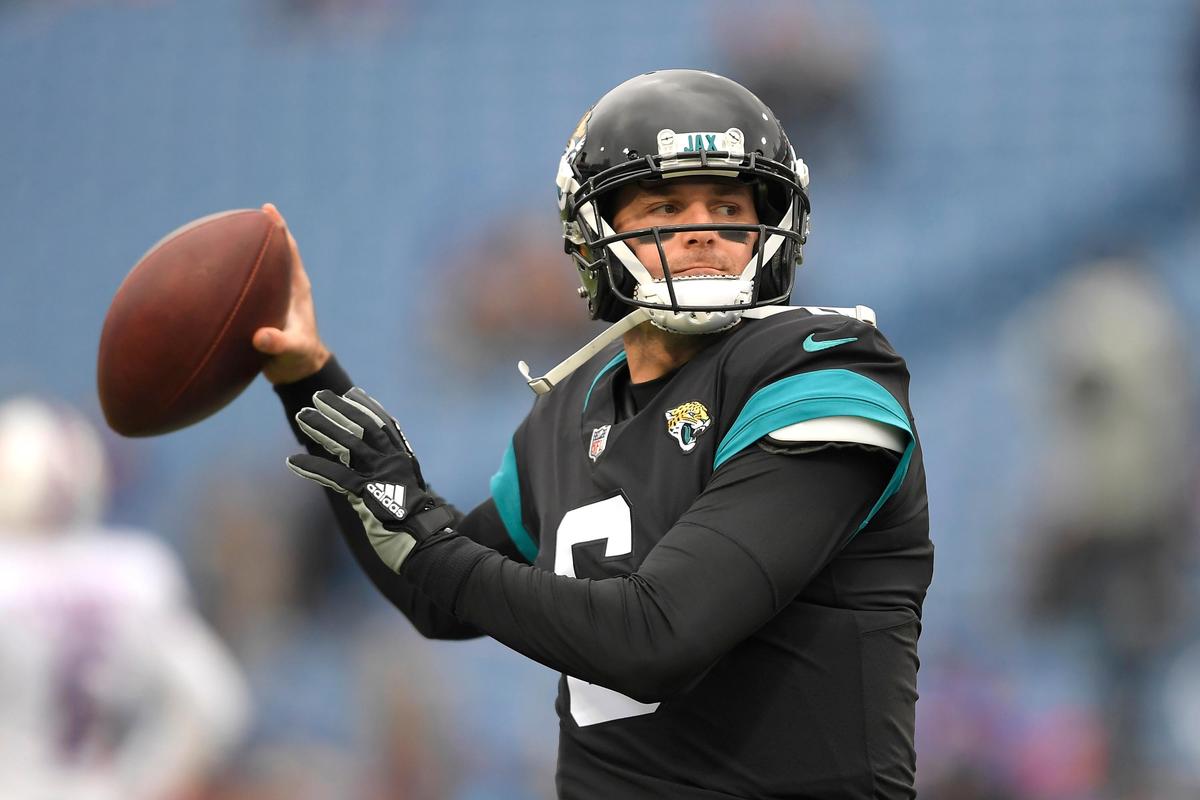 Jacksonville Jaguars quarterback Cody Kessler works out prior to an NFL football game against the Buffalo Bills, Sunday, Nov. 25, 2018, in Orchard Park, N.Y.