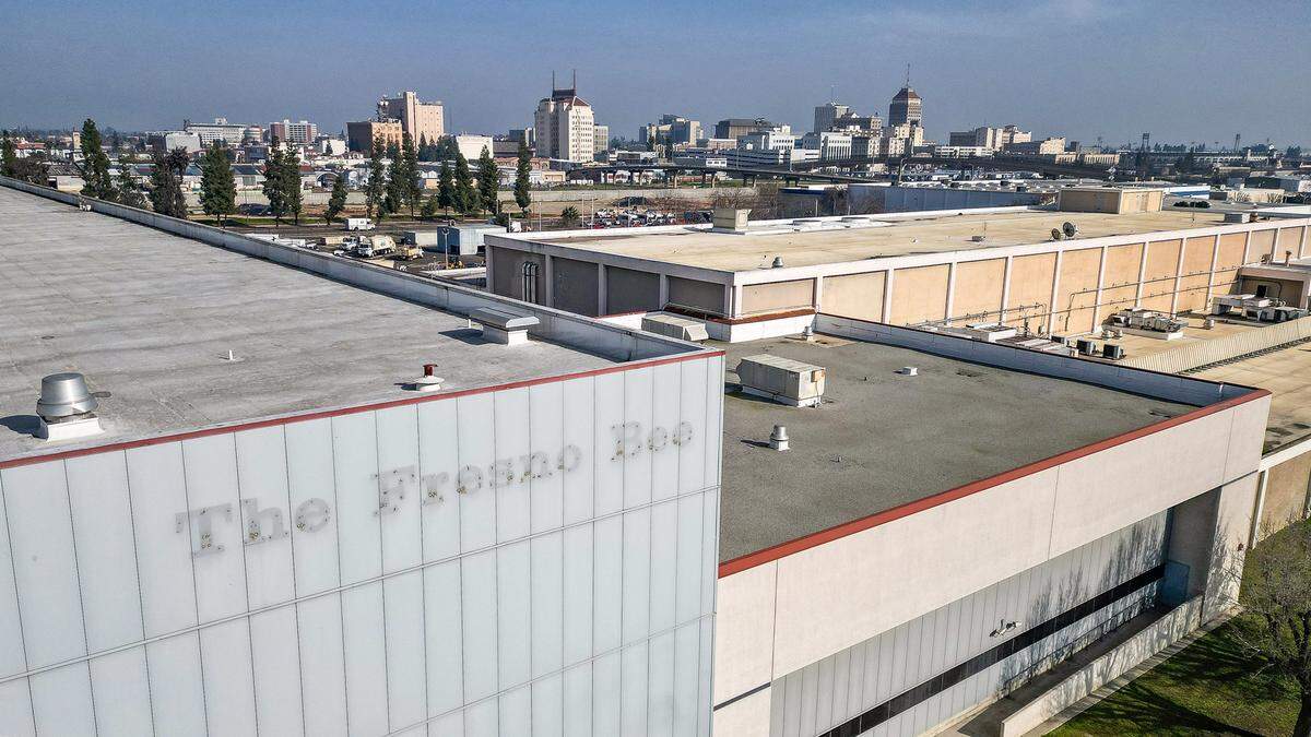The former Fresno Bee building at 1626 E Street in downtown Fresno sits on more than 14 acres as seen in this Jan. 30, 2026 drone image. The city of Fresno, which bought the building and property in 2021, plans to demolish the building since it is not usable for the city, it's too expensive to operate and is a fire danger.