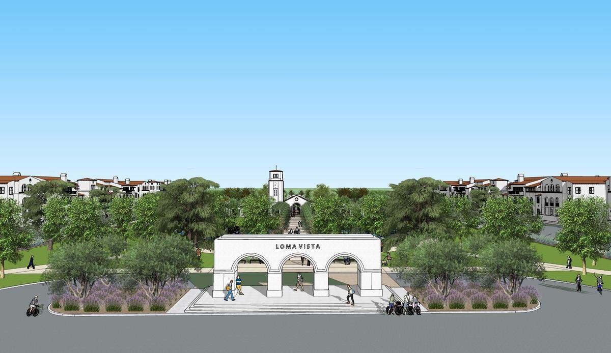 An artist’s rendering of the northern entrance to the village green of Clovis’ Loma Vista urban growth center. A construction bid for the 6.2-acre village green was recently awarded with completion scheduled for the fall of 2023.