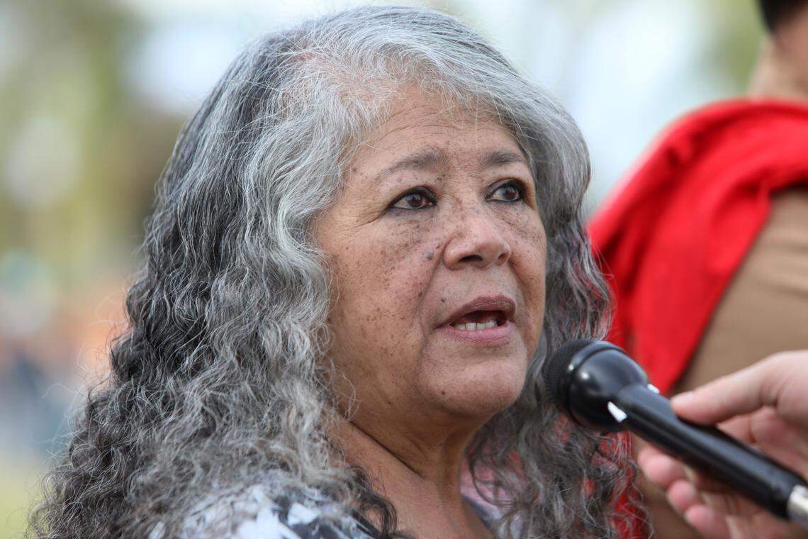 United Farm Workers President Teresa Romero gives an interview at Delano Memorial Park before an estimated 7,000 marched three miles to Forty Acres on what would have been UFW founder César E. Chávez’s 98th birthday on March 31, 2025.