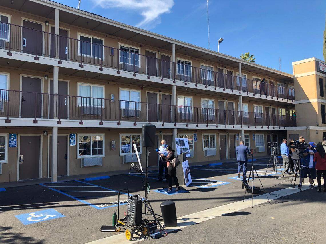 Fresno city officials unveiled the conversion of the former Welcome Inn motel on Parkway Drive in central Fresno into the Journey Home, a homeless shelter, in this February 2021 file photo.