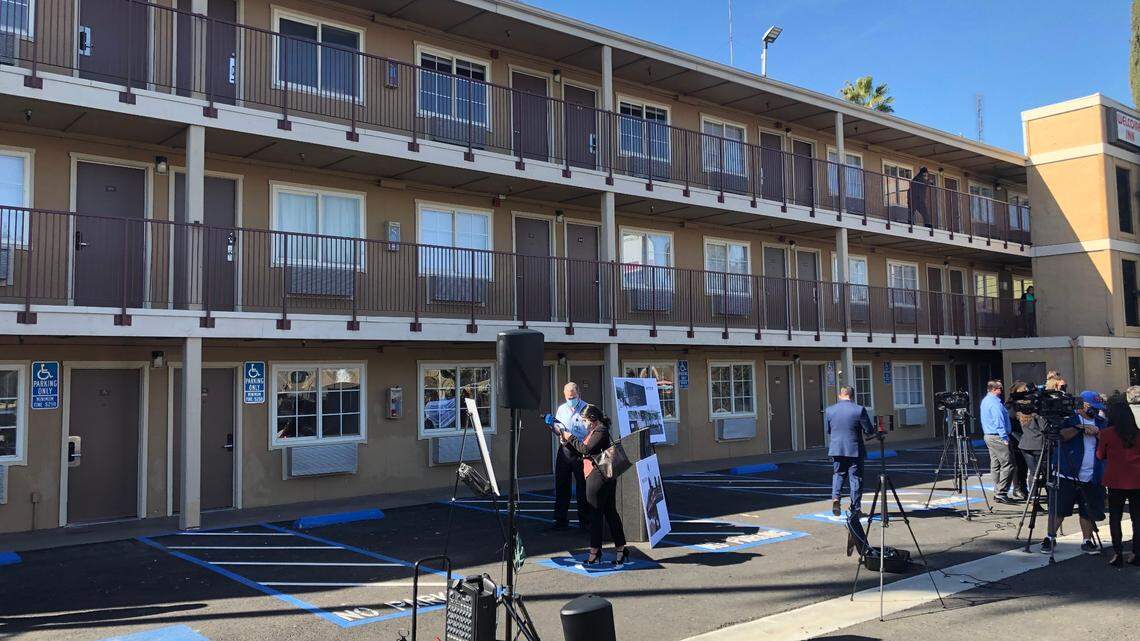 Fresno city officials unveiled the conversion of the former Welcome Inn motel on Parkway Drive in central Fresno into the Journey Home, a homeless shelter, in this February 2021 file photo.