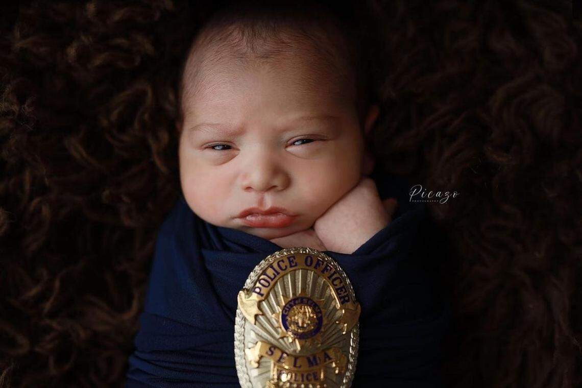 Nearly two months after Selma Police officer Gonzalo Carrasco Jr. died in the line of duty, his son&nbsp;took newborn photos while swaddled in a navy blue blanket and with the officer’s badge.