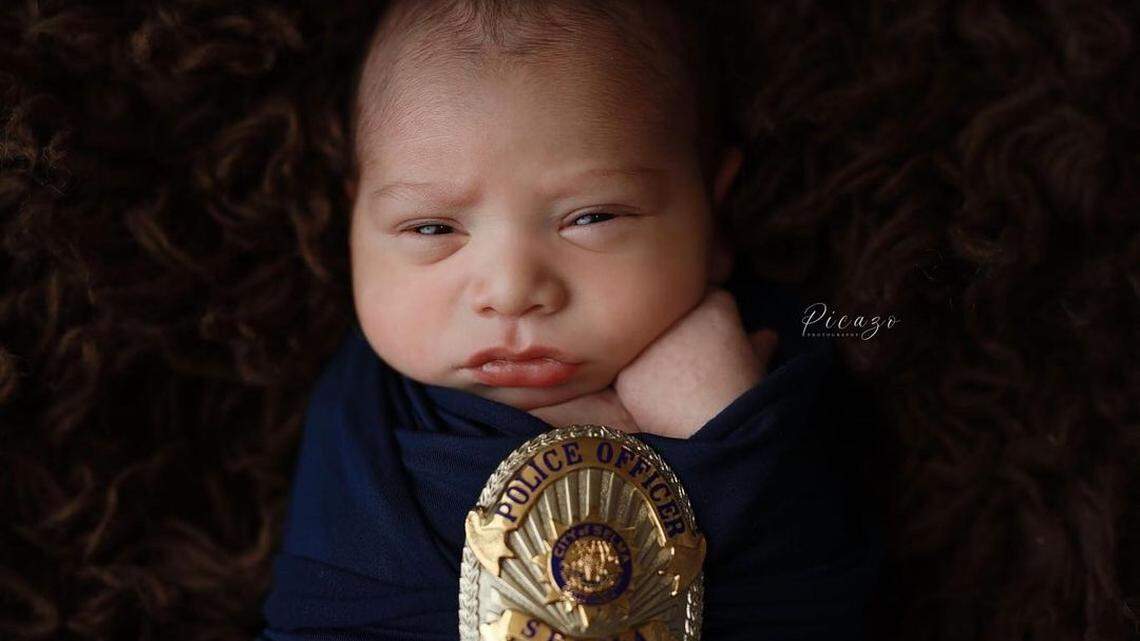 Nearly two months after Selma Police officer Gonzalo Carrasco Jr. died in the line of duty, his son took newborn photos while swaddled in a navy blue blanket and with officer’s badge.